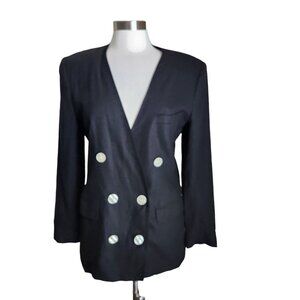 MICHELLE STUART Women size 6 Black Linen Blazer Double Breasted Made in USA